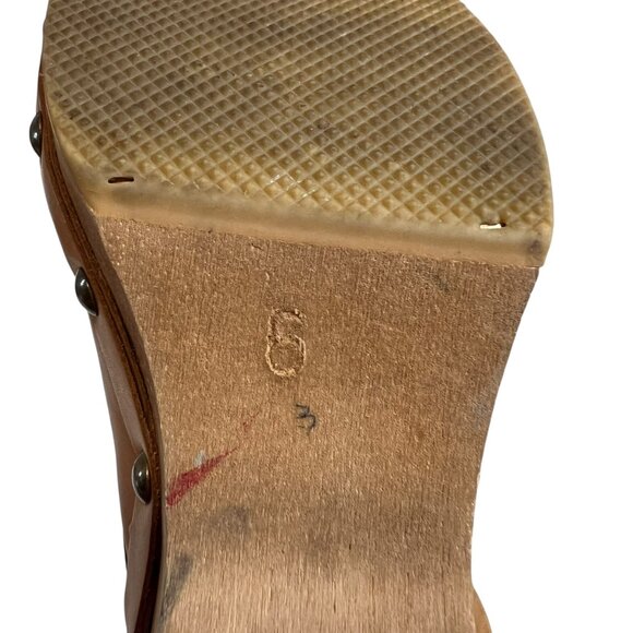 y2k Bongo wooden sandals tan brown leather strap studs womens size 6 block heel - Picture 11 of 11